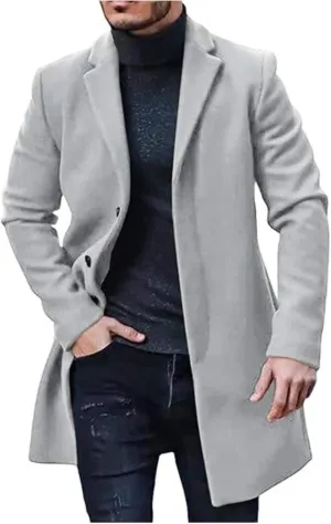Mens Trench Coat Slim Fit Notched Collar Mid Long Single Breasted Pea Coat with Warm Soft Overcoat for Business