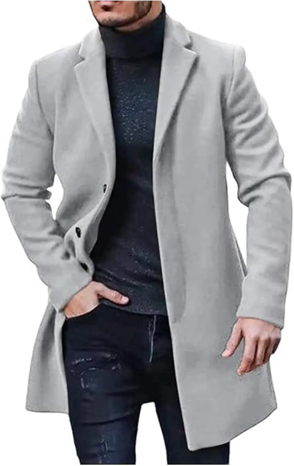 Mens Trench Coat Slim Fit Notched Collar Mid Long Single Breasted Pea Coat with Warm Soft Overcoat for Business