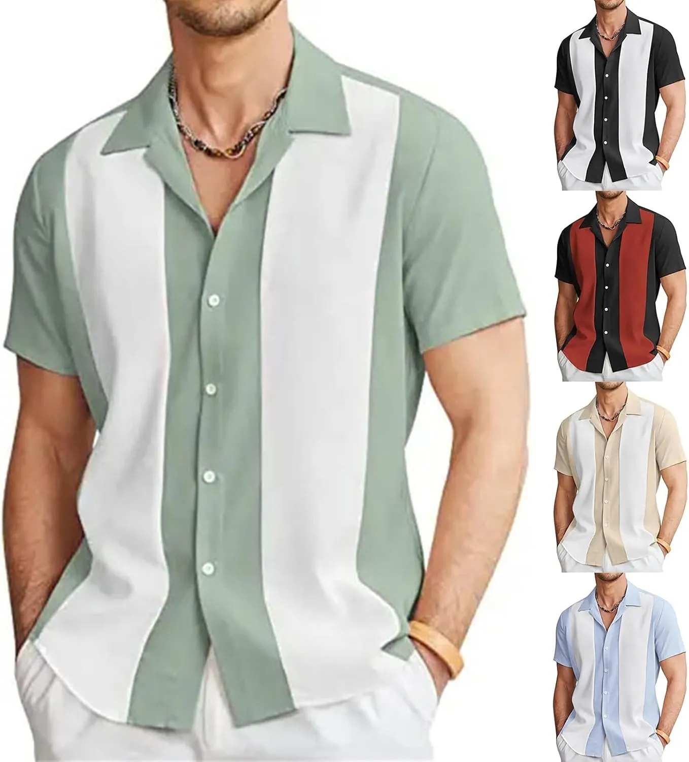 Men's Vintage Bowling Shirt Striped Button Lapel Shirts Summer Cuba Short Sleeve Tops Beach Holiday Casual Tops