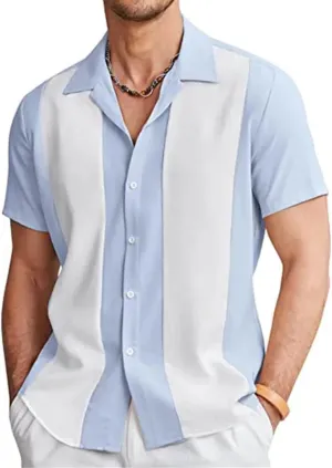 Men's Vintage Bowling Shirt Striped Button Lapel Shirts Summer Cuba Short Sleeve Tops Beach Holiday Casual Tops