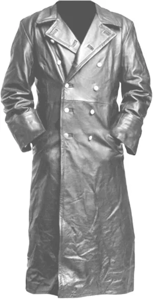 Mens Vintage German Classic WW2 Officer Military Uniform Black Leather Trench Coat, Long Motorcycle Jacket