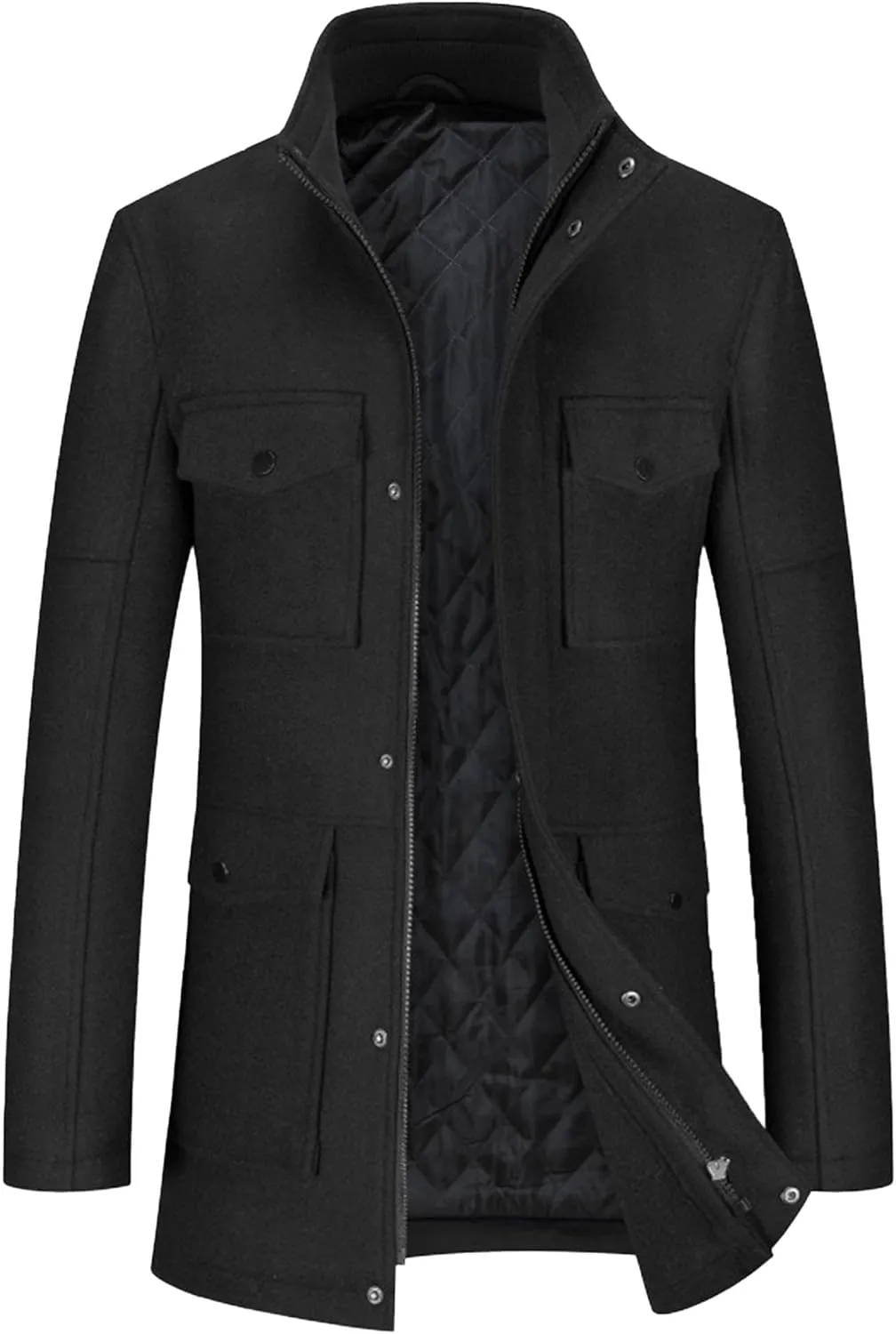 Men's Winter Slim Fit Pea Coat Zipper Casual Woolen Trench Coats Stand Collar Wool Blend Peacoat