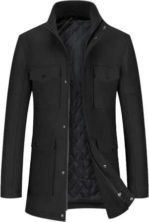 Men's Winter Slim Fit Pea Coat Zipper Casual Woolen Trench Coats Stand Collar Wool Blend Peacoat