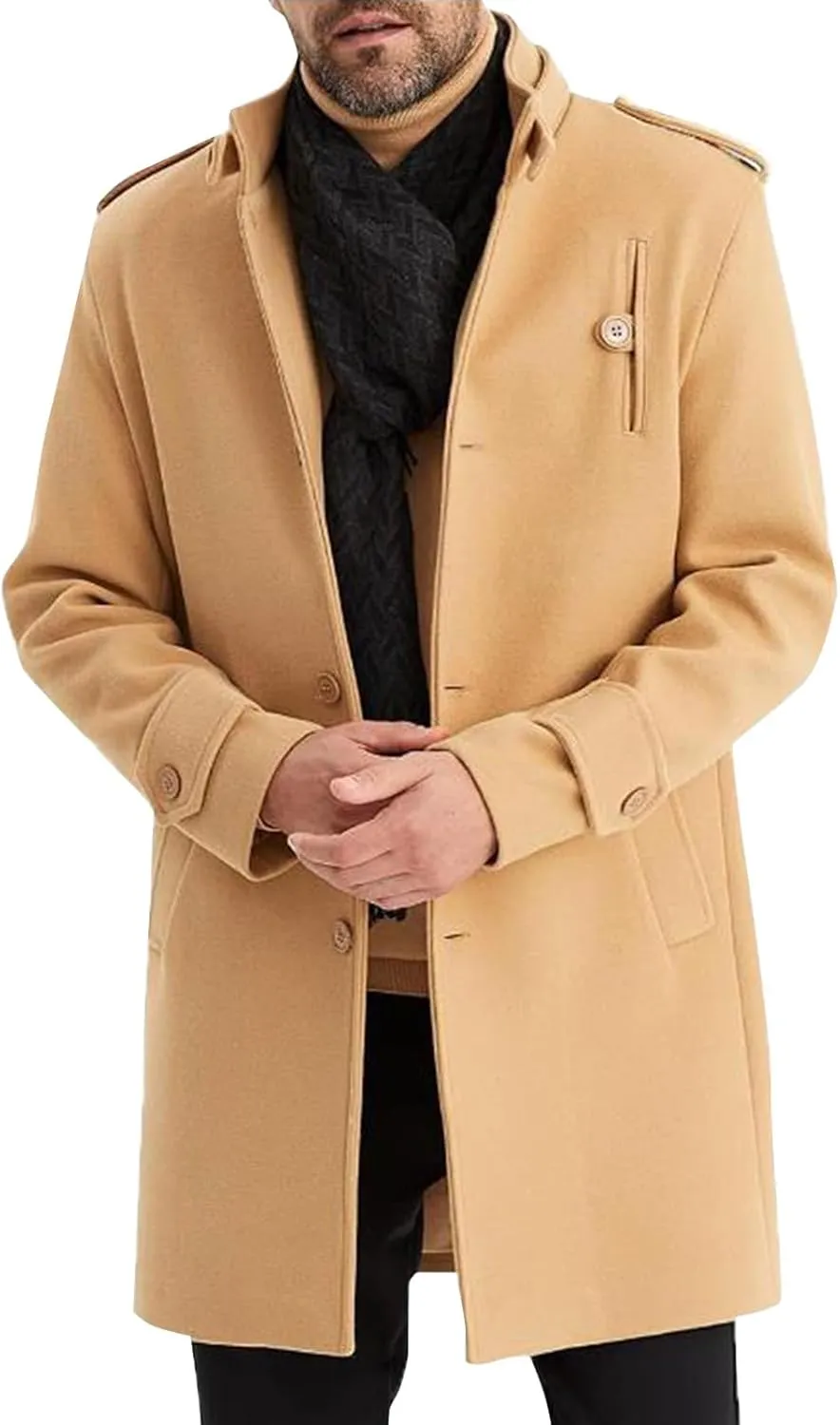 Men's Wool Blend Classic Peacoat Trench Slim Fit Notched Collar Overcoat with Pockets