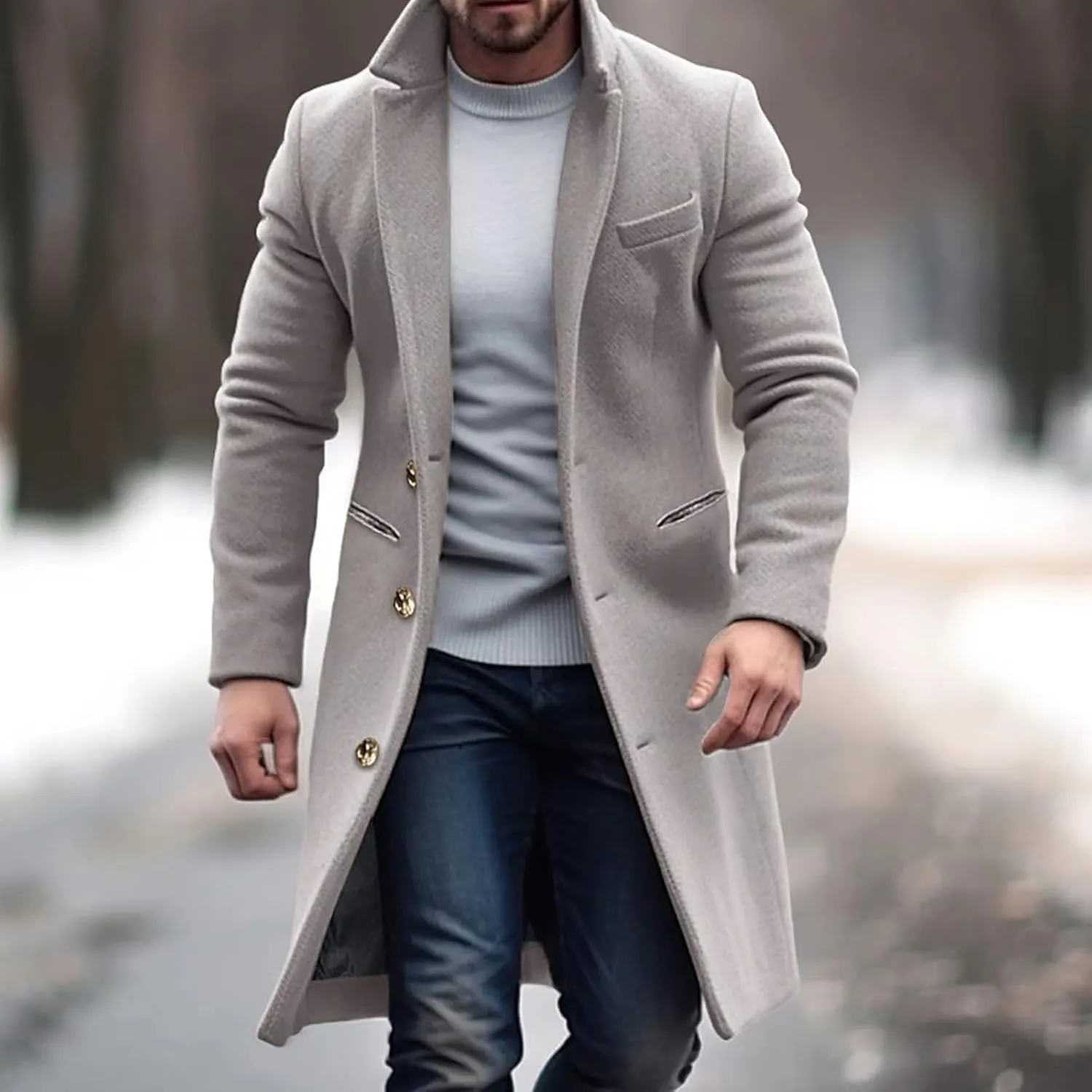Mens Wool Blend Coat Winter Trench Coats Notched Lapel Collar Single Breasted Overcoat Classic Peacoat With Pockets