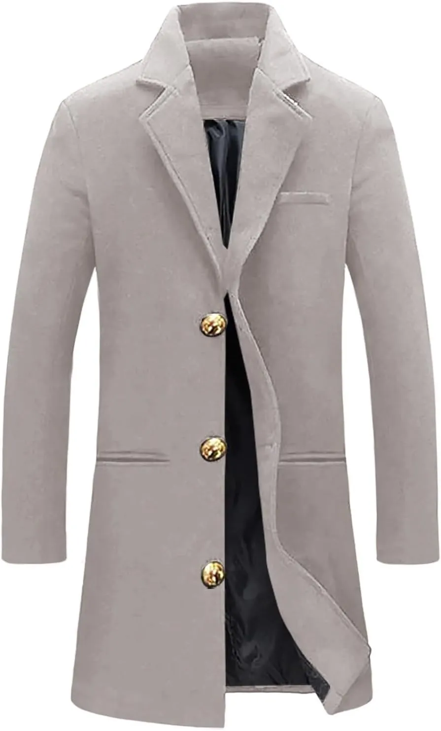 Mens Wool Blend Coat Winter Trench Coats Notched Lapel Collar Single Breasted Overcoat Classic Peacoat With Pockets