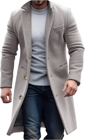 Mens Wool Blend Coat Winter Trench Coats Notched Lapel Collar Single Breasted Overcoat Classic Peacoat With Pockets