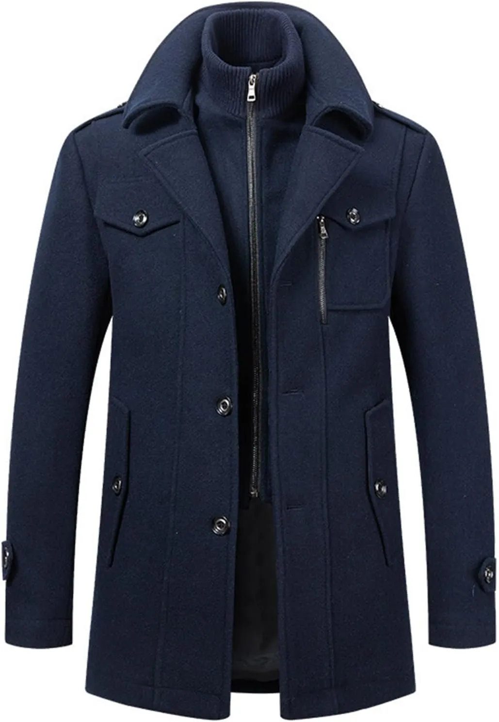 Men's Wool Blend Coats with Detachable Zipper Winter Warm Jakcet Single Breasted Business Windbreaker Pea Coat