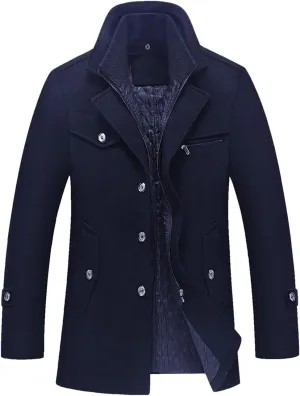 Men's Wool Blend Coats with Detachable Zipper Winter Warm Jakcet Single Breasted Business Windbreaker Pea Coat