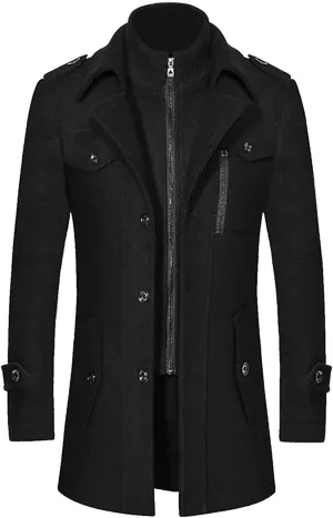 Men's Wool Blend Pea Coat Hooded Zipper Warm Cardigan Knitted Coat Jacket Notched Lapel Belt Fall Windproof Coat