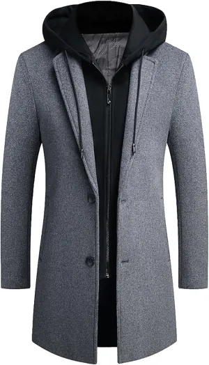 Men's Wool Blend Pea Coat Hooded Zipper Warm Cardigan Knitted Coat Jacket Notched Lapel Belt Fall Windproof Coat