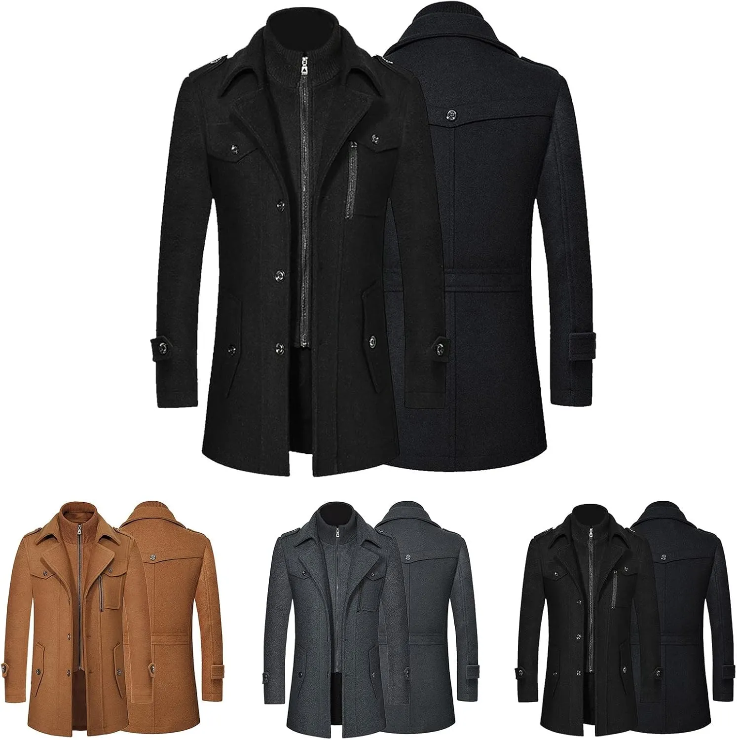 Men's Wool Blend Pea Coat Hooded Zipper Warm Cardigan Knitted Coat Jacket Notched Lapel Belt Fall Windproof Coat