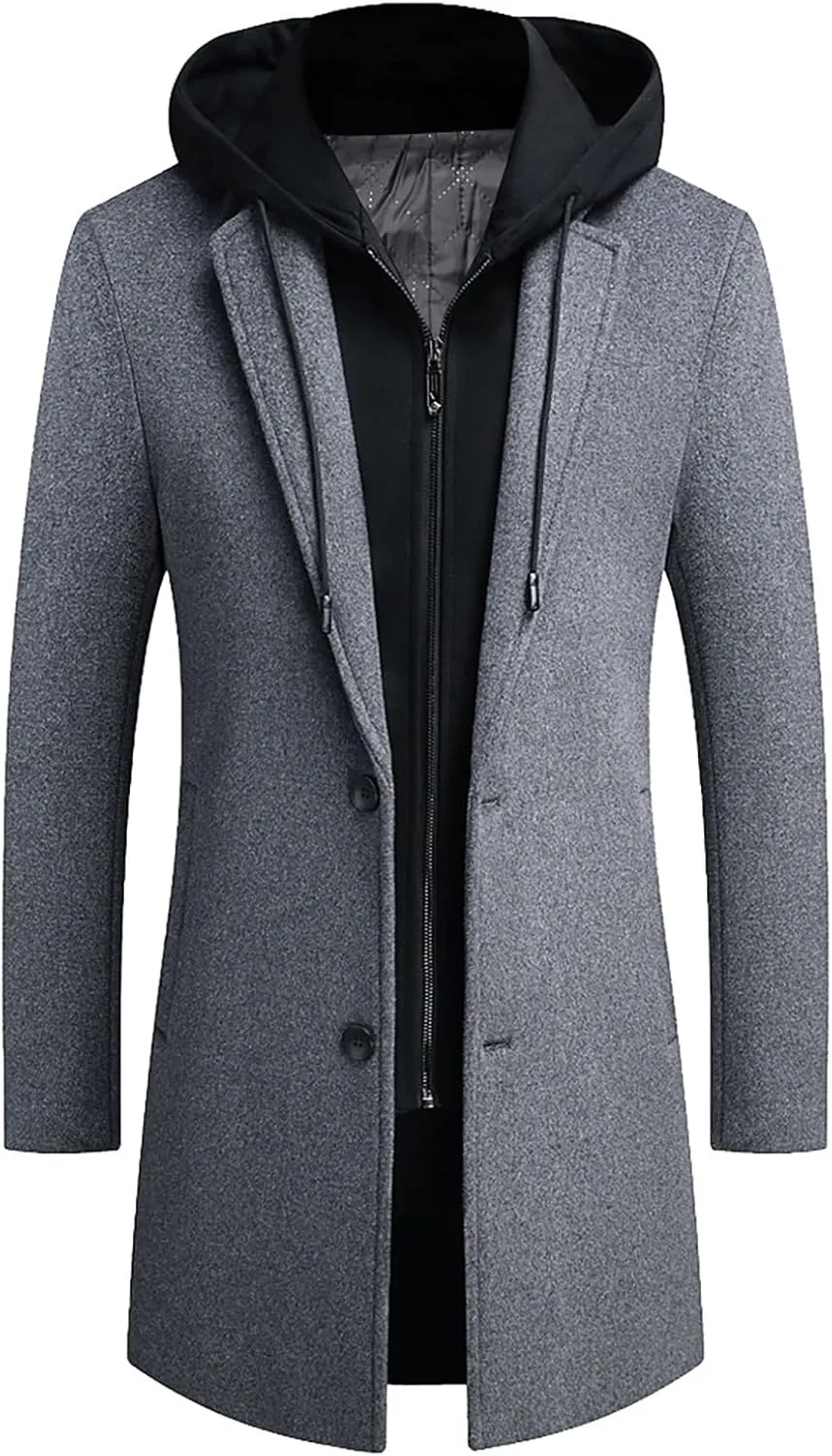 Men's Wool Blend Pea Coat Hooded Zipper Warm Cardigan Knitted Coat Jacket Notched Lapel Belt Fall Windproof Coat