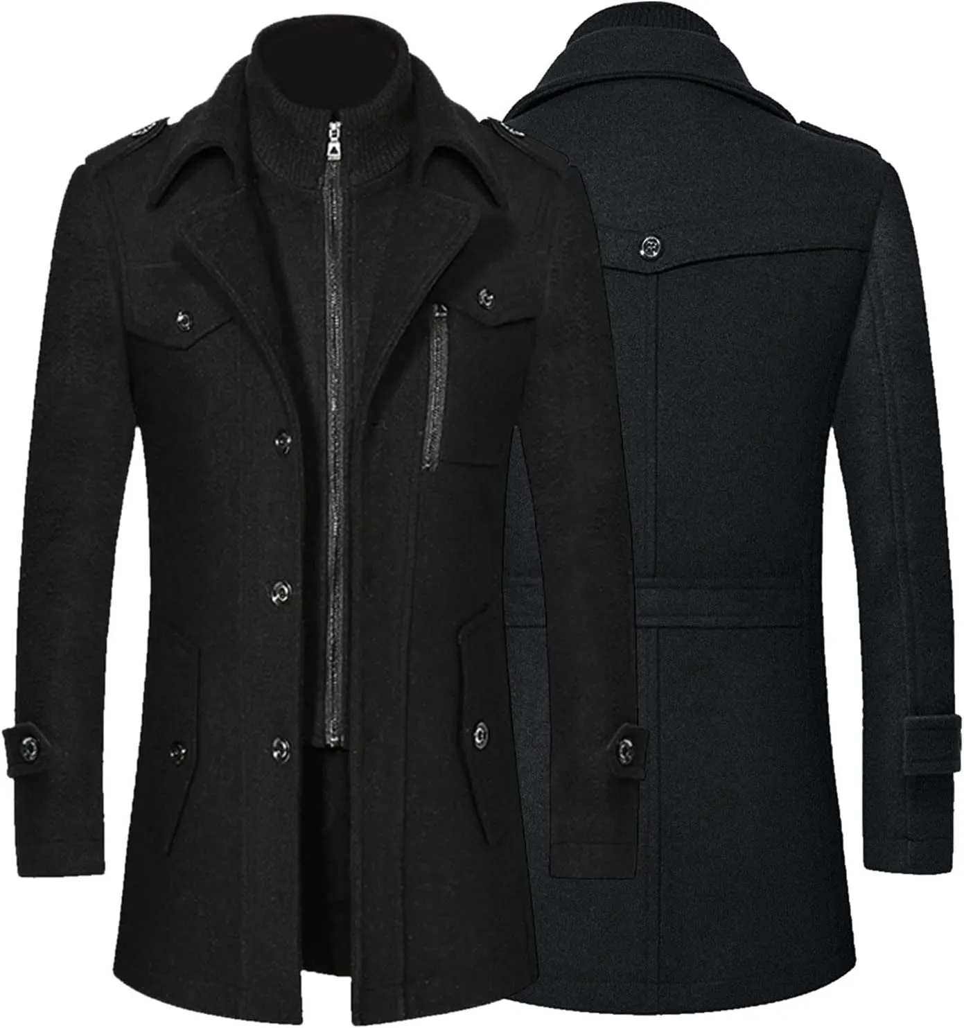 Men's Wool Blend Pea Coat Hooded Zipper Warm Cardigan Knitted Coat Jacket Notched Lapel Belt Fall Windproof Coat