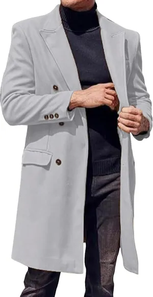 Men's Wool Blend Pea Coat Notched Collar Double Breasted Overcoat Warm Winter Trench Coat Long Jacket Witn Pockets