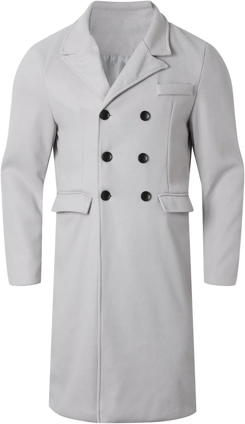 Men's Wool Blend Pea Coat Notched Collar Double Breasted Overcoat Warm Winter Trench Coat Long Jacket Witn Pockets