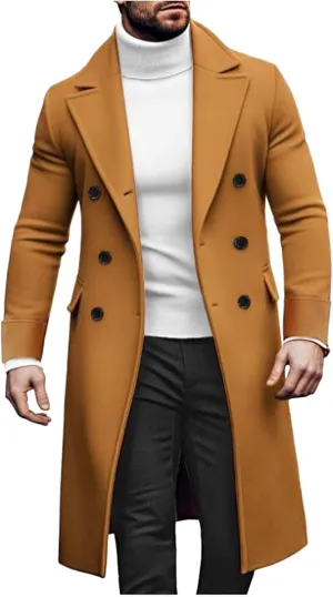 Men's Wool Blend Pea Coat Notched Collar Double Breasted Overcoat Warm Winter Trench Coat Long Jacket Witn Pockets