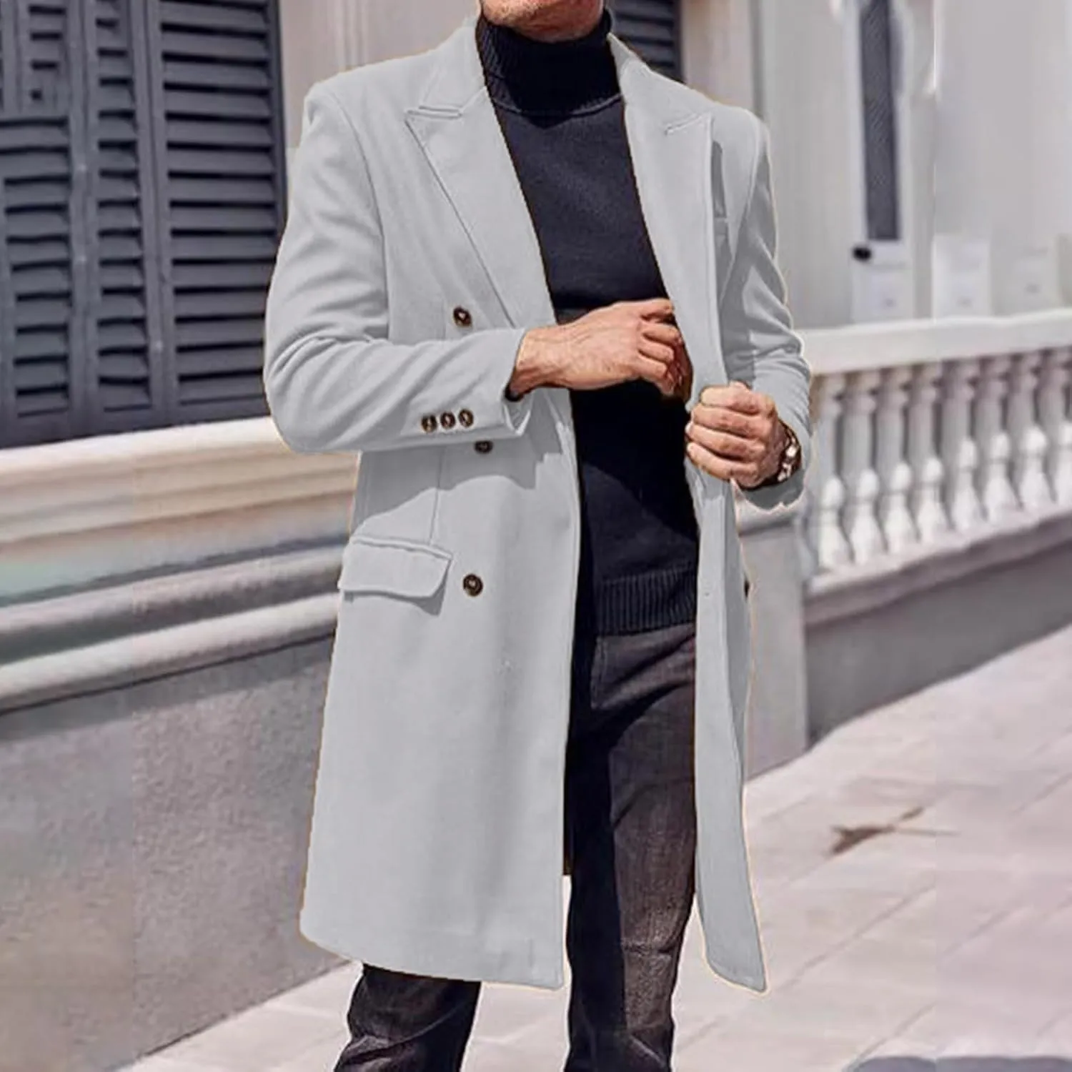 Men's Wool Blend Pea Coat Notched Collar Double Breasted Overcoat Warm Winter Trench Coat Long Jacket Witn Pockets