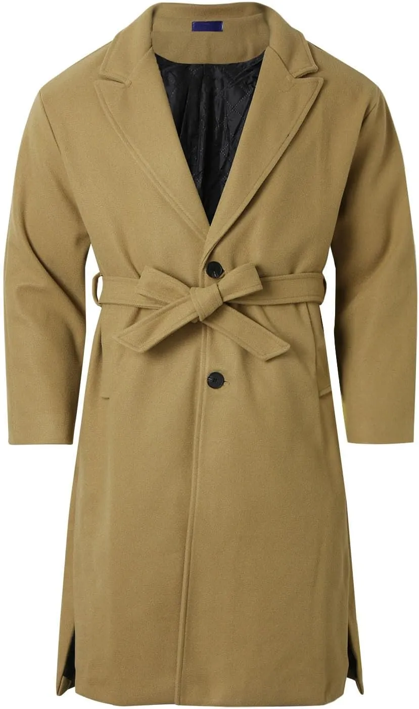 Men's Wool Blend Pea Coat Notched Collar Single Breasted Long Jacket Thicken Knee Length Overcoat Winter Trench Coat