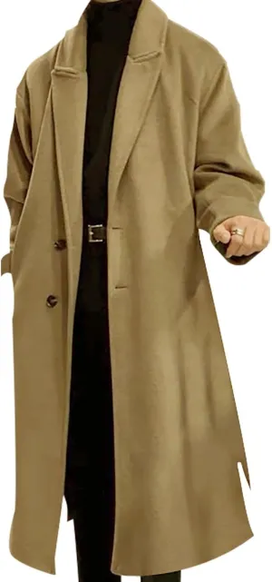 Men's Wool Blend Pea Coat Notched Collar Single Breasted Long Jacket Thicken Knee Length Overcoat Winter Trench Coat