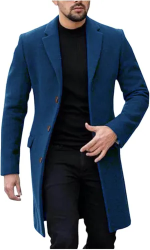 Men's Wool Blend Pea Coat Notched Collar Single Breasted Long Jacket Thicken Knee Length Overcoat Winter Trench Coat