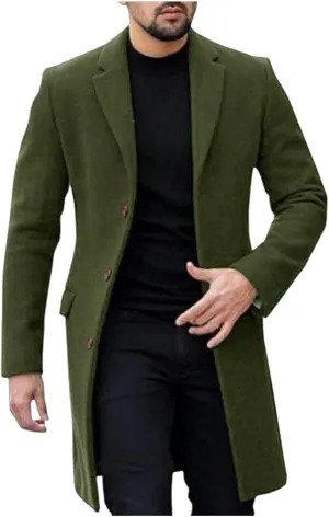 Men's Wool Blend Pea Coat Notched Collar Single Breasted Long Overcoat Warm Winter Trench Coat Business Windbreaker