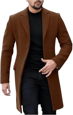 Men's Wool Blend Pea Coat Notched Collar Single Breasted Long Overcoat Warm Winter Trench Coat Business Windbreaker