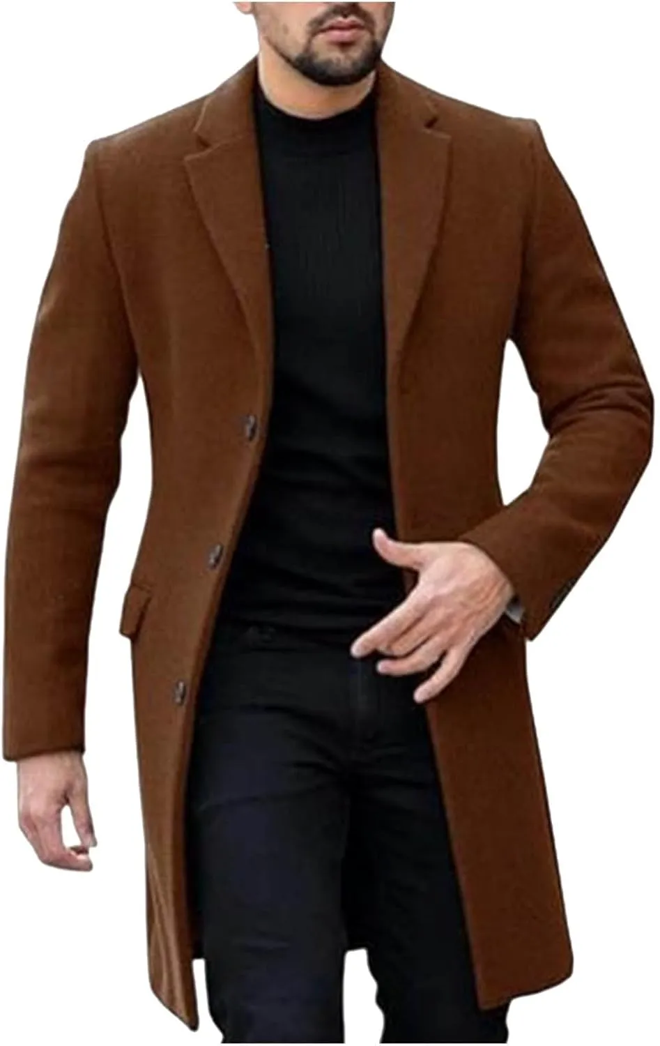 Men's Wool Blend Pea Coat Notched Collar Single Breasted Long Overcoat Warm Winter Trench Coat Business Windbreaker
