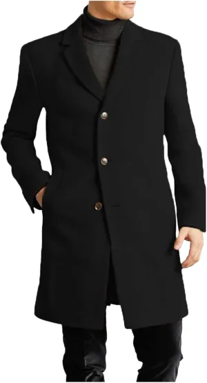 Men's Wool Blend Pea Coat Notched Collar Single Breasted Mid Long Windbreaker Overcoat Warm Winter Trench Coat M-2XL