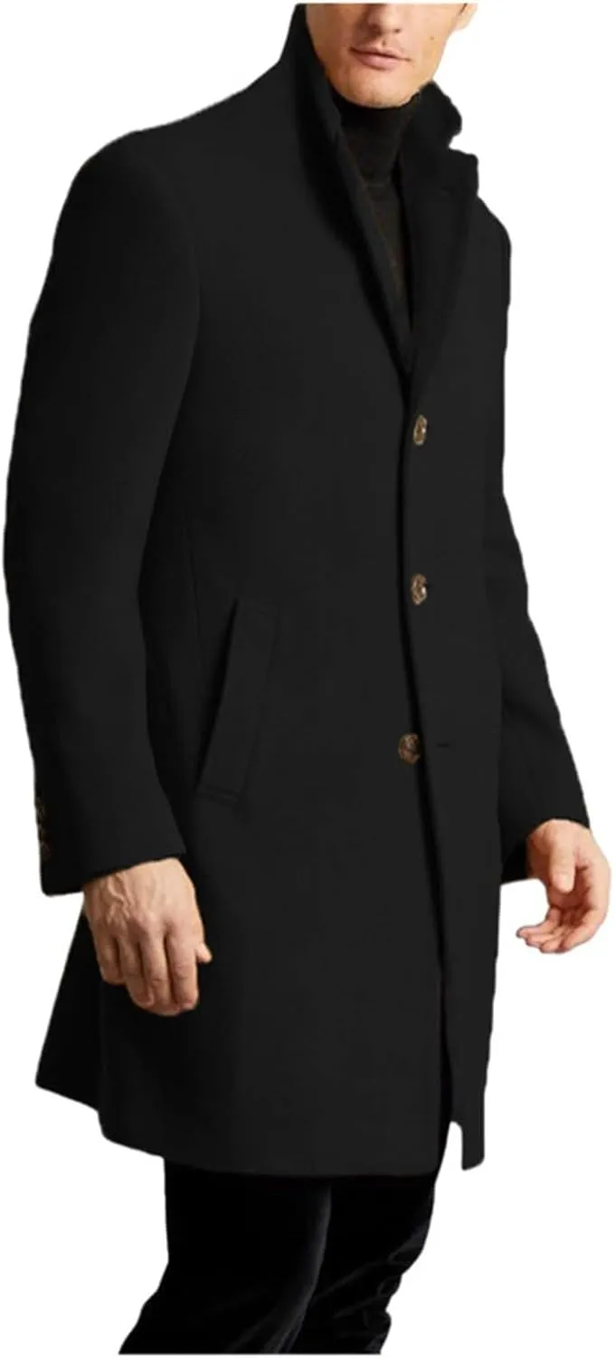 Men's Wool Blend Pea Coat Notched Collar Single Breasted Mid Long Windbreaker Overcoat Warm Winter Trench Coat M-2XL