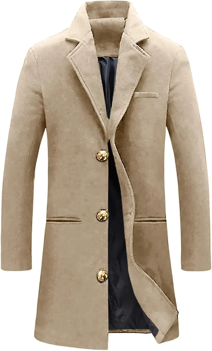 Men's Wool Blend Pea Coat Notched Collar Single Breasted Overcoat Warm Jacket Winter Trench Coat Mid Long Windbreaker