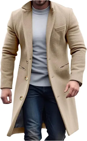 Men's Wool Blend Pea Coat Notched Collar Single Breasted Overcoat Warm Jacket Winter Trench Coat Mid Long Windbreaker