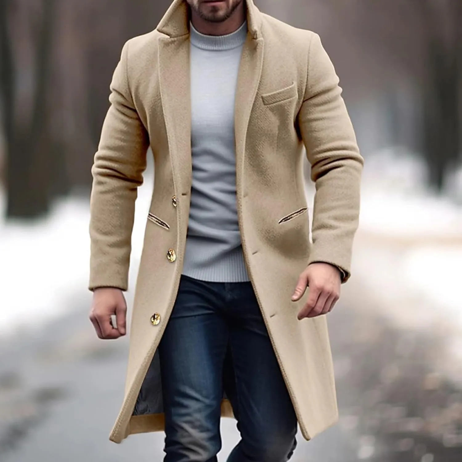 Men's Wool Blend Pea Coat Notched Collar Single Breasted Overcoat Warm Jacket Winter Trench Coat Mid Long Windbreaker