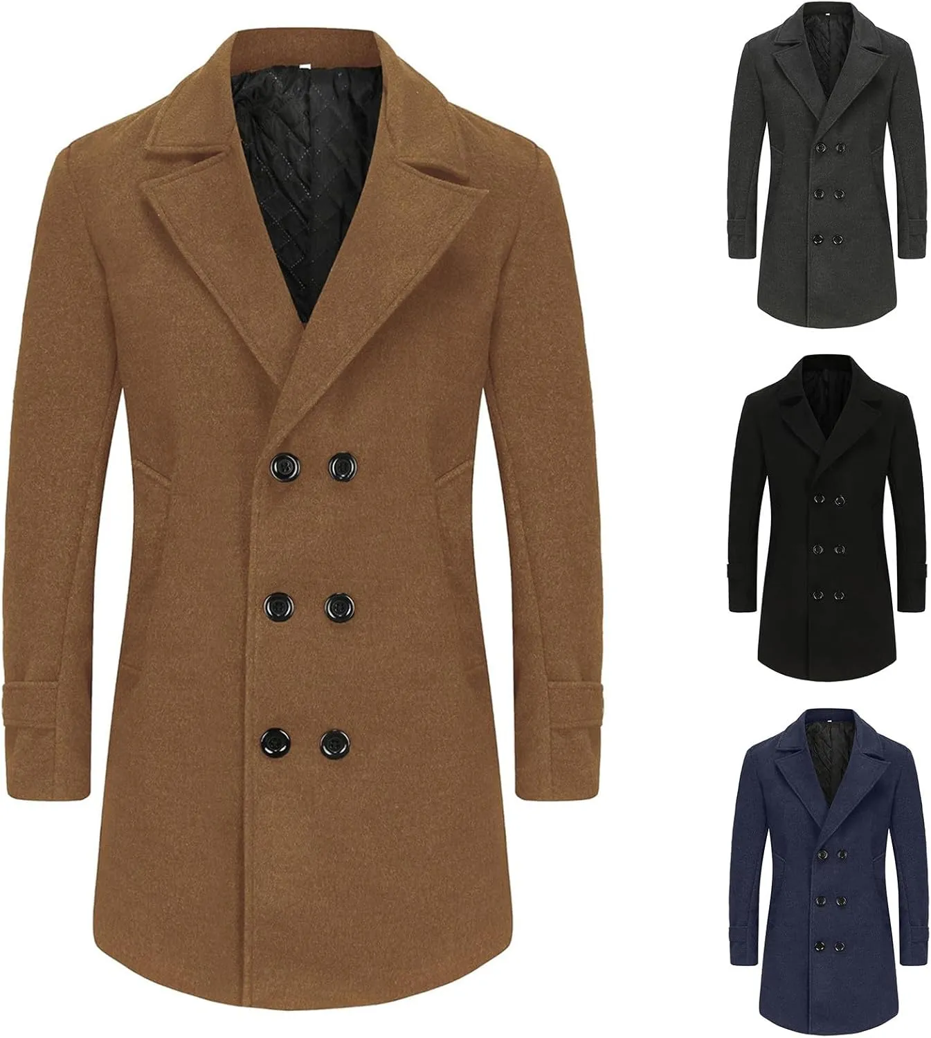 Men's Wool Blend Pea Coat Notched Collar Slim Fit Winter Pea Coat Single Breasted Business Overcoat