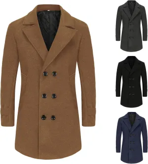 Men's Wool Blend Pea Coat Notched Collar Slim Fit Winter Pea Coat Single Breasted Business Overcoat