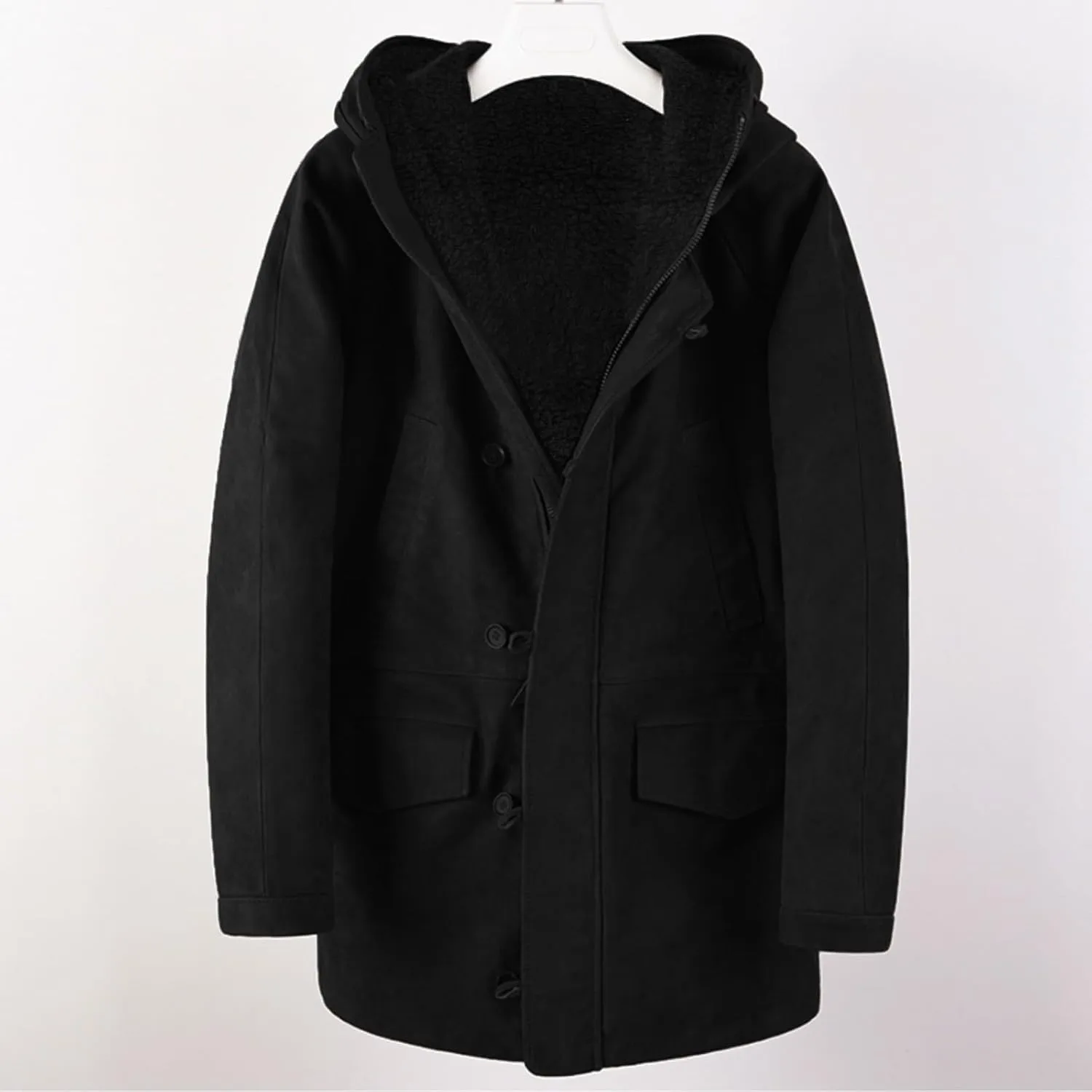 Men's Wool Coat Long Trench Coat Slim Zipper Cardigan Solid Color Hooded Casual Washed Jacket Windbreaker Long