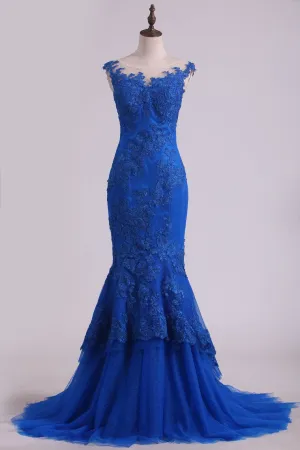 Mermaid Evening Dresses Bateau Sweep Train With Applique Tulle