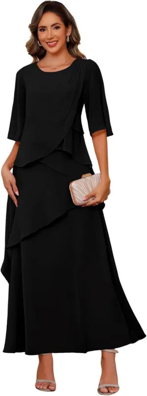 Miao Duo Half Sleeve Mother of The Bride Dresses for Women Wedding Ruffle A Line Chiffon Formal Evening Dress YZTS173