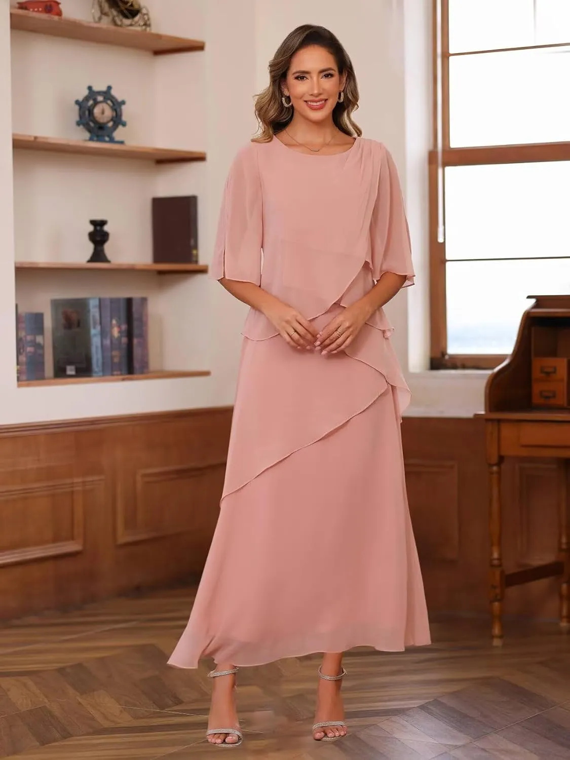 Miao Duo Half Sleeve Mother of The Bride Dresses for Women Wedding Ruffle A Line Chiffon Formal Evening Dress YZTS173