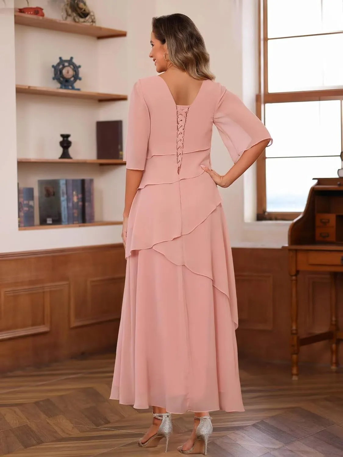 Miao Duo Half Sleeve Mother of The Bride Dresses for Women Wedding Ruffle A Line Chiffon Formal Evening Dress YZTS173