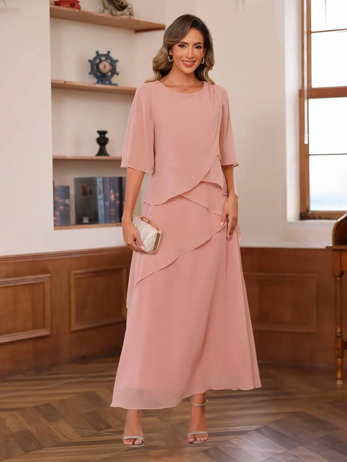 Miao Duo Half Sleeve Mother of The Bride Dresses for Women Wedding Ruffle A Line Chiffon Formal Evening Dress YZTS173
