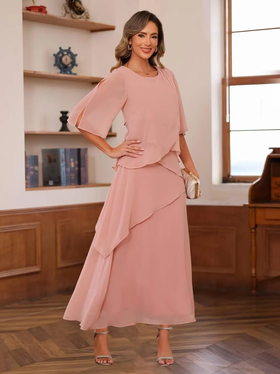 Miao Duo Half Sleeve Mother of The Bride Dresses for Women Wedding Ruffle A Line Chiffon Formal Evening Dress YZTS173