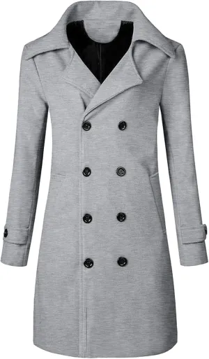 Mid Long Trench Coat for Men's Winter Double Breasted Coat Casual Business Warm Overcoat Classic Windproof Jacket