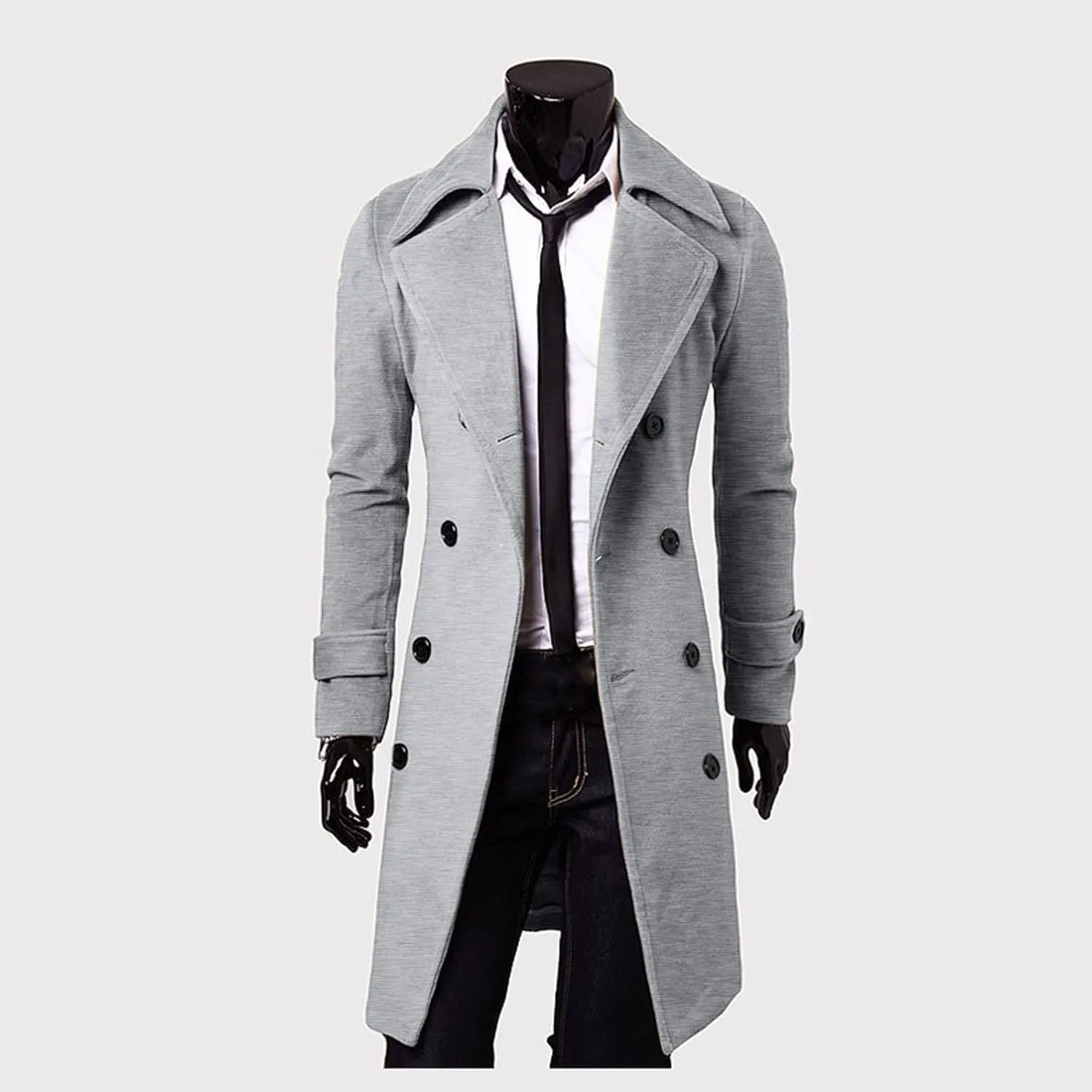 Mid Long Trench Coat for Men's Winter Double Breasted Coat Casual Business Warm Overcoat Classic Windproof Jacket