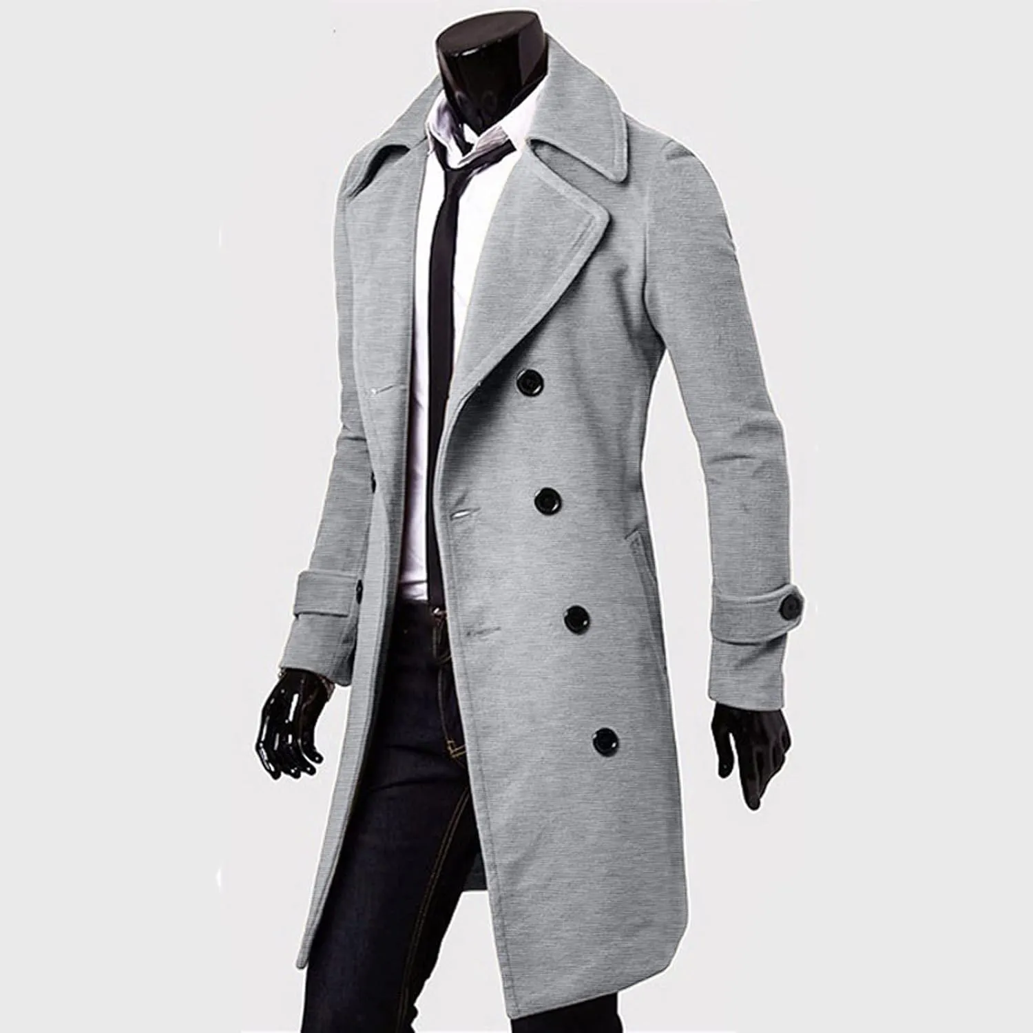 Mid Long Trench Coat for Men's Winter Double Breasted Coat Casual Business Warm Overcoat Classic Windproof Jacket