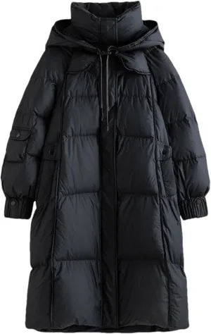 Mnjyihy Women's Black Hooded Medium-Length Warm Down Jacket Winter White Duck Down Straight Parker Down Jacket
