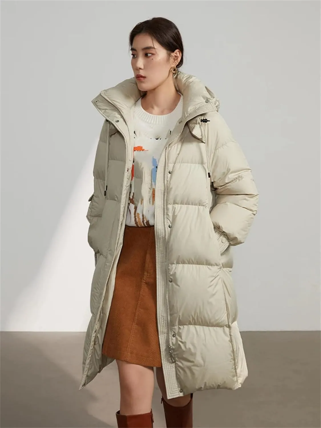 Mnjyihy Women's Black Hooded Medium-Length Warm Down Jacket Winter White Duck Down Straight Parker Down Jacket