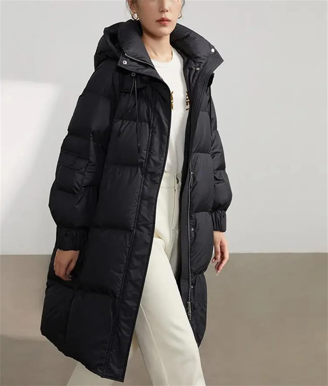 Mnjyihy Women's Black Hooded Medium-Length Warm Down Jacket Winter White Duck Down Straight Parker Down Jacket