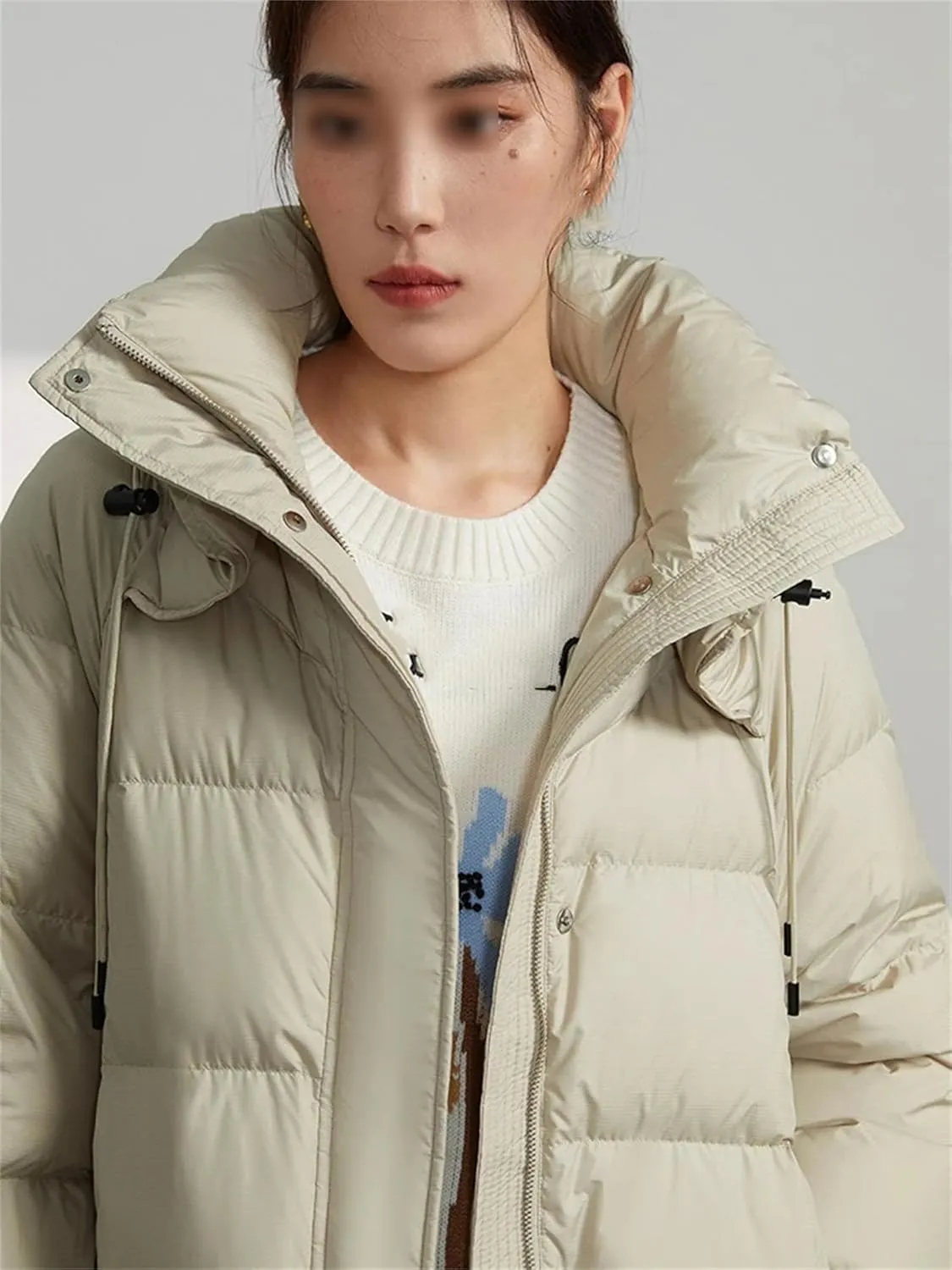 Mnjyihy Women's Black Hooded Medium-Length Warm Down Jacket Winter White Duck Down Straight Parker Down Jacket