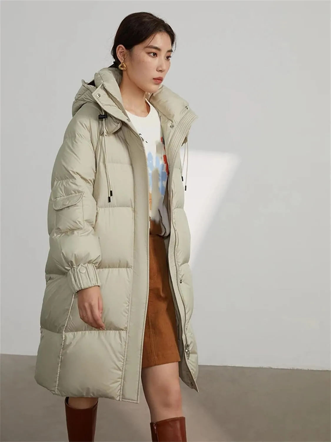 Mnjyihy Women's Black Hooded Medium-Length Warm Down Jacket Winter White Duck Down Straight Parker Down Jacket